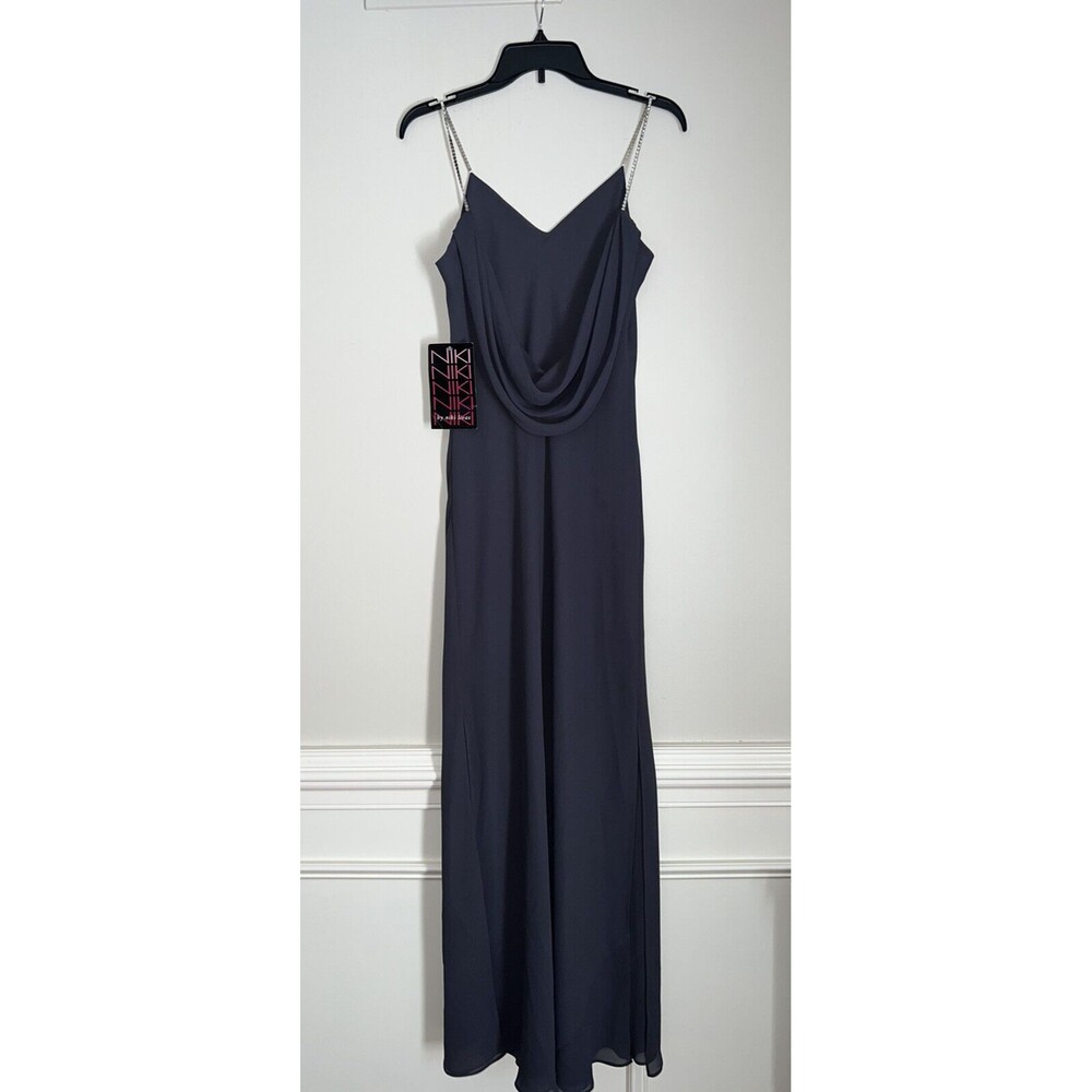 NEW Niki Livas Formal Dress Size 10 Grey Crystal Straps V Neck $155 PROM Party